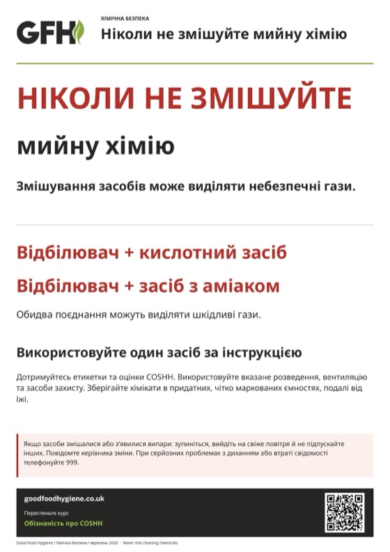 Плакат безпеки «Ніколи не змішуйте мийну хімію», A4