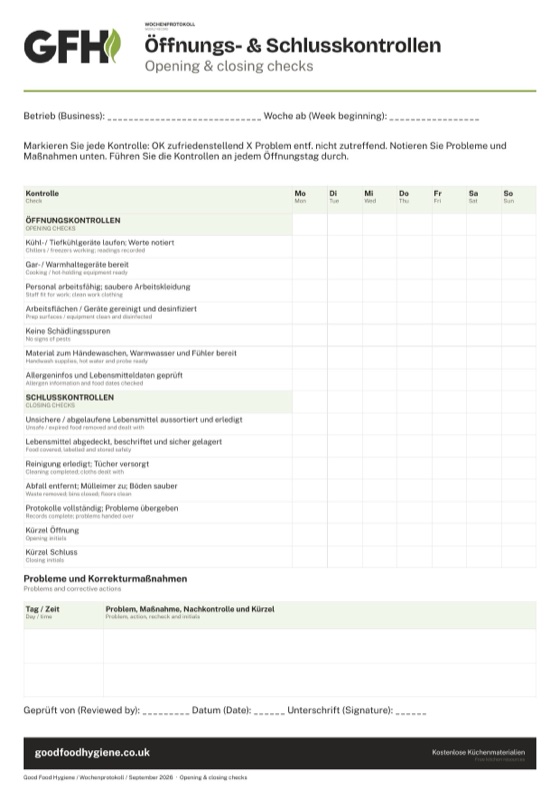 Die Protokollvorlage Wöchentliche Öffnungs- & Schlusskontrollen, A4