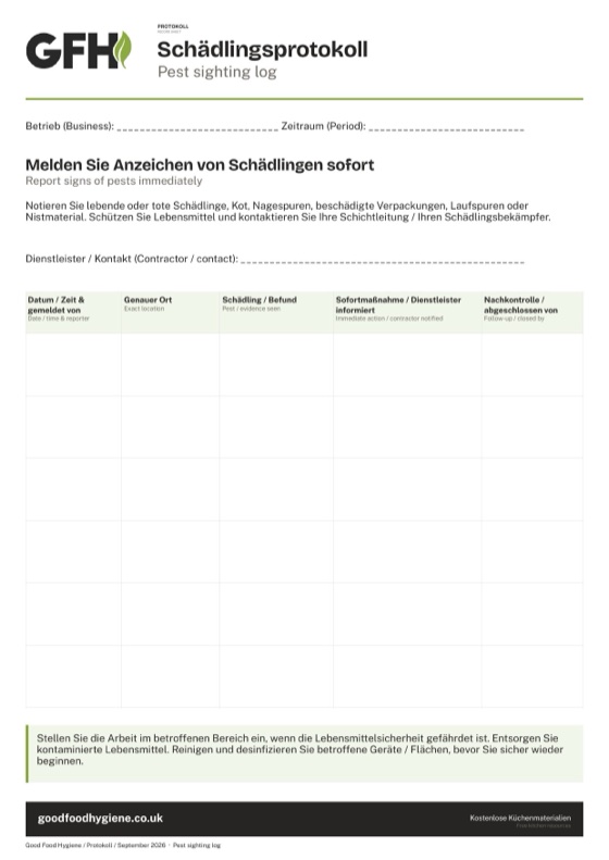 Die Protokollvorlage Schädlingsprotokoll, A4