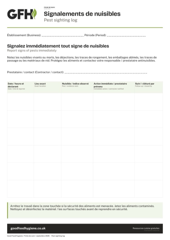 La fiche de suivi des signalements de nuisibles, A4