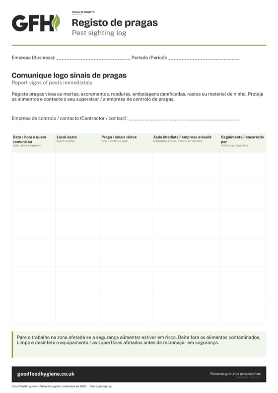 A folha de registo de avistamento de pragas, A4