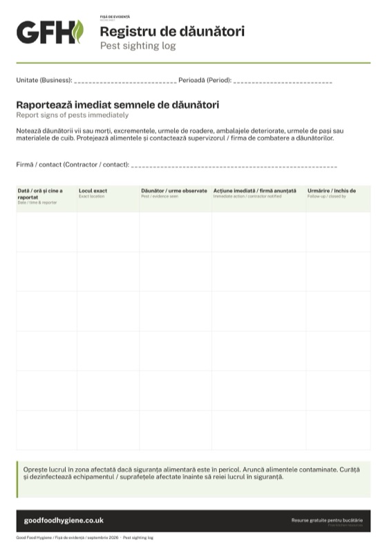 Fișa de evidență Registru de dăunători, A4