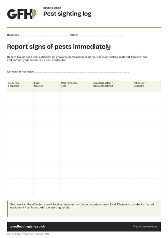 The pest sighting log record sheet, A4