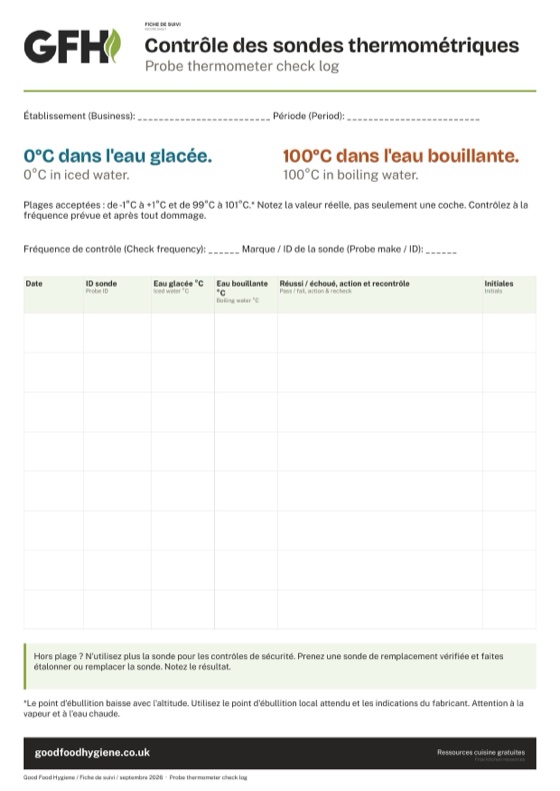 La fiche de suivi du contrôle des sondes thermométriques, A4