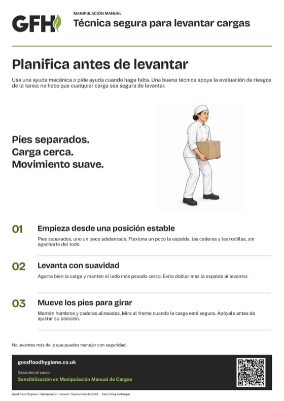 Cartel de manipulación manual con la técnica segura para levantar cargas, A4