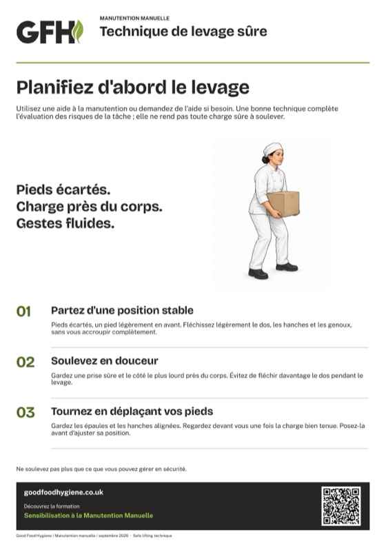 L'affiche de manutention manuelle sur la technique de levage sûre, A4