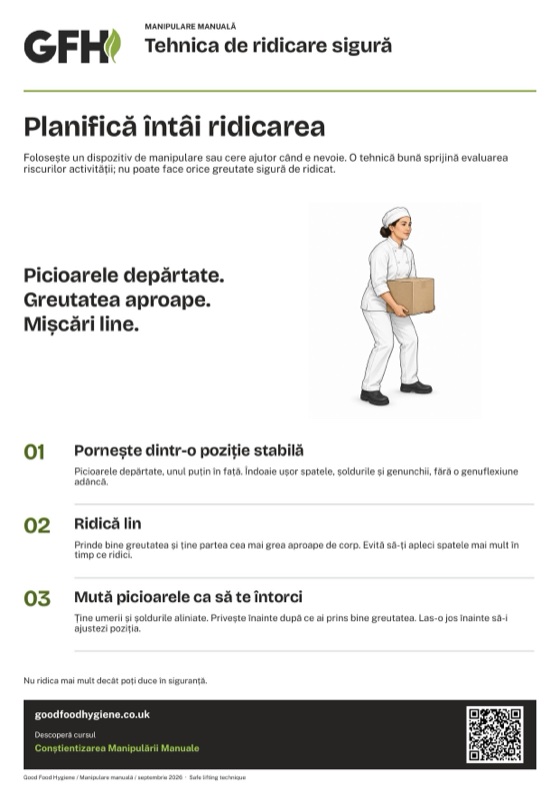Posterul despre tehnica de ridicare sigură la manipularea manuală, A4