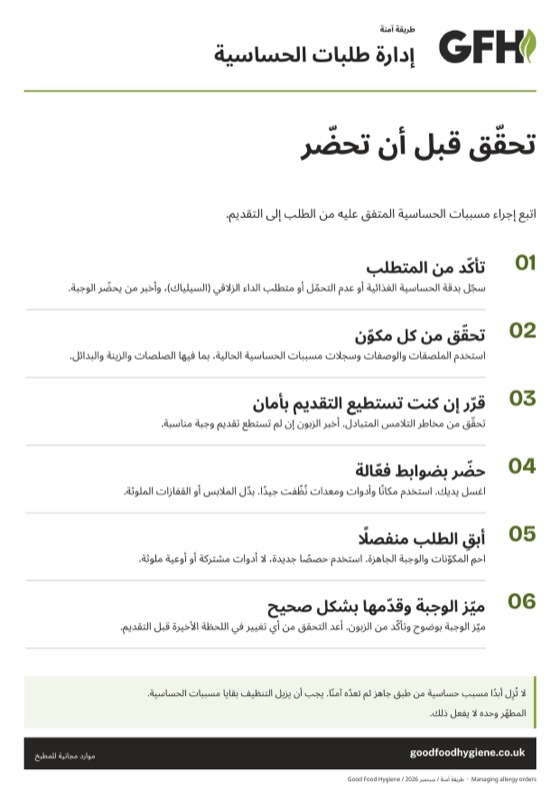 ملصق الطريقة الآمنة لإدارة طلبات الحساسية، بمقاس A4
