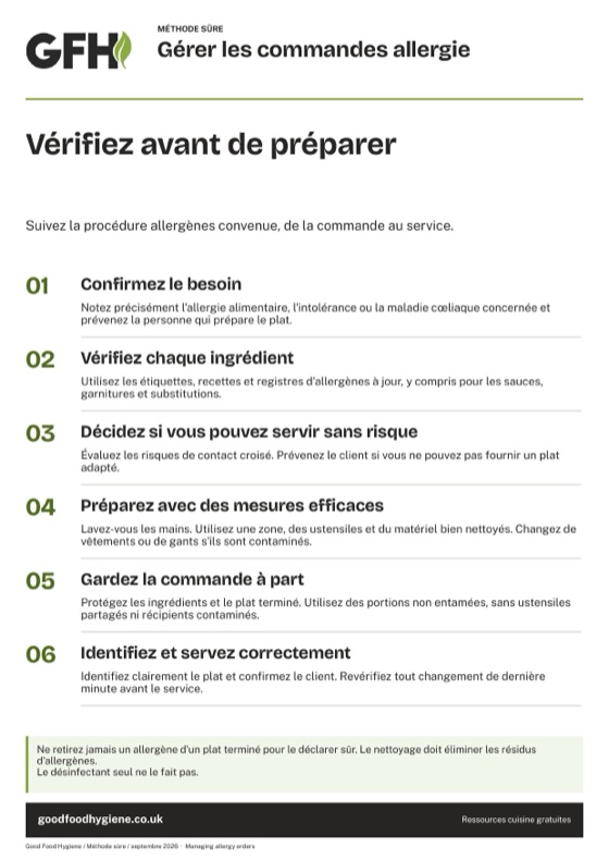 L'affiche de méthode sûre pour gérer les commandes allergie, A4