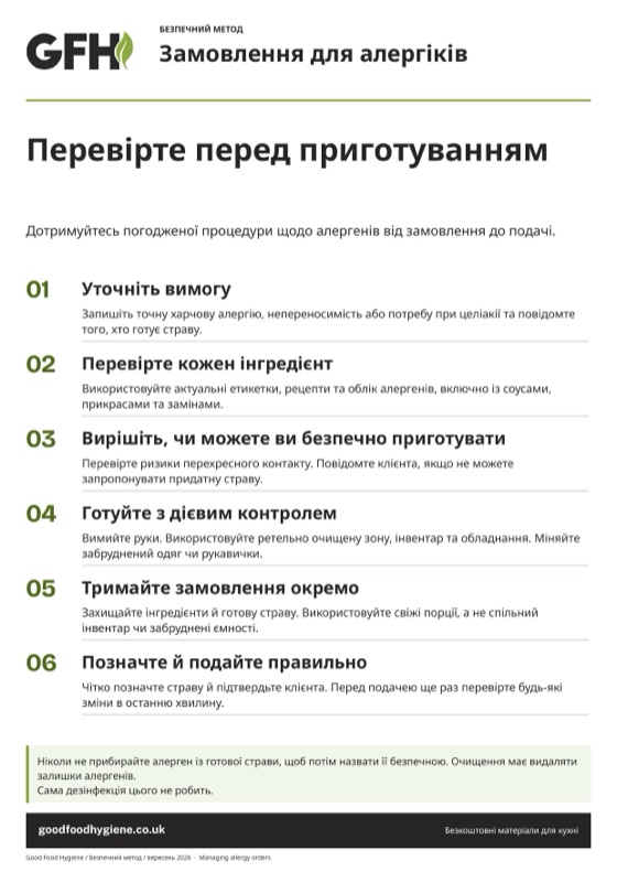 Плакат безпечного методу роботи із замовленнями для алергіків, A4