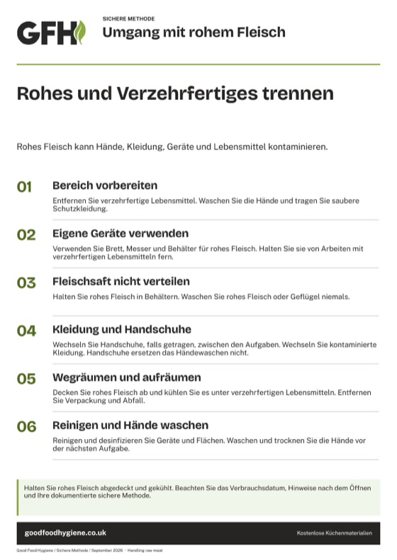 Das Poster zur sicheren Methode Umgang mit rohem Fleisch, A4