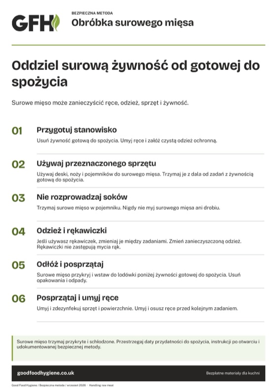 Plakat bezpiecznej metody obróbki surowego mięsa, A4