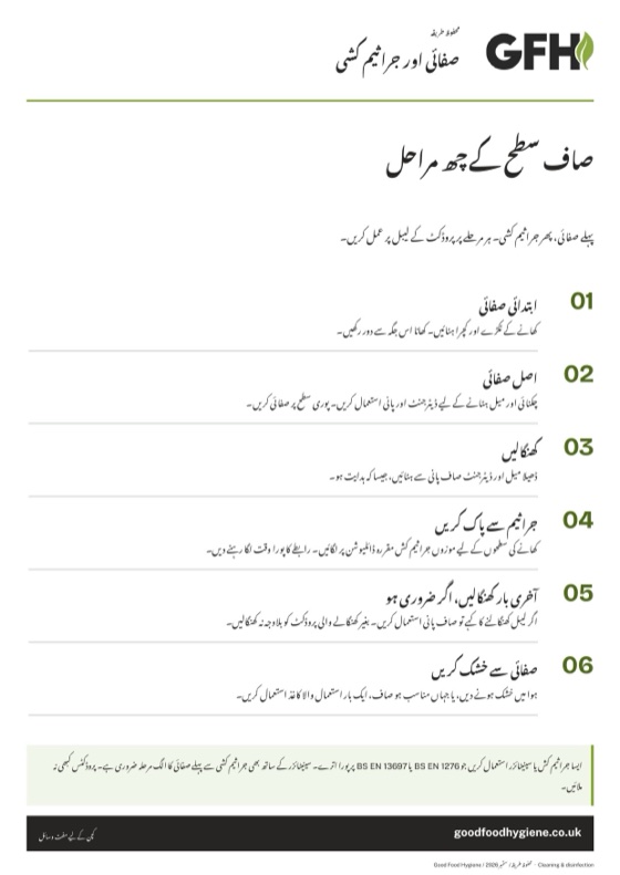 صفائی اور جراثیم کشی کے چھ مراحل کا پوسٹر، A4