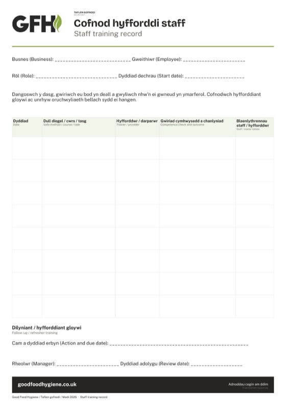 Taflen gofnodi hyfforddi staff, A4