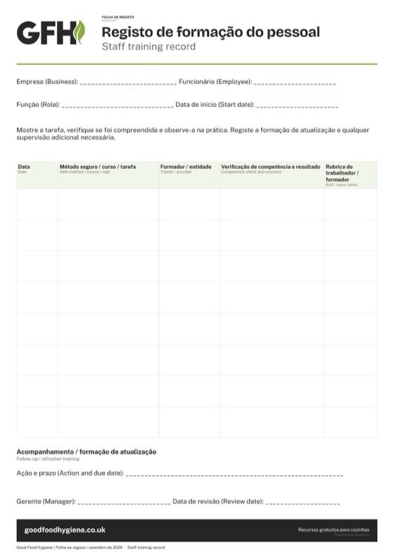 Registo de formação do pessoal