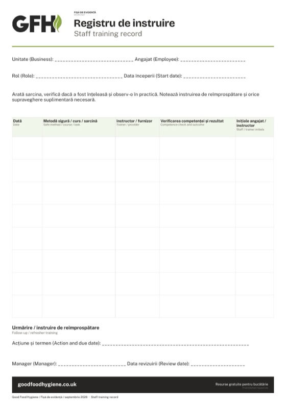 Fișa de evidență Registru de instruire a personalului, A4
