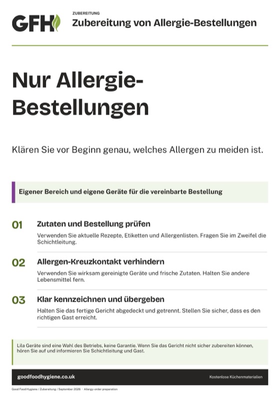 Das Stationsschild Zubereitung von Allergie-Bestellungen, lila Zone, A4