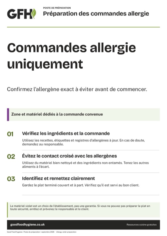 Le panneau du poste de préparation des commandes allergie, zone violette, A4