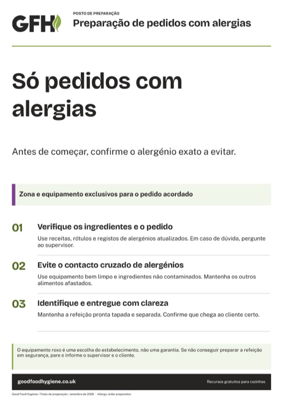 O sinal do posto de preparação de pedidos com alergias, zona roxa, A4