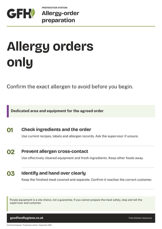 The allergy order preparation station sign, purple zone, A4