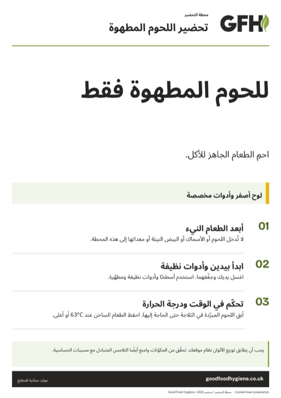 لافتة محطة تحضير اللحوم المطهوة، المنطقة الصفراء، بمقاس A4