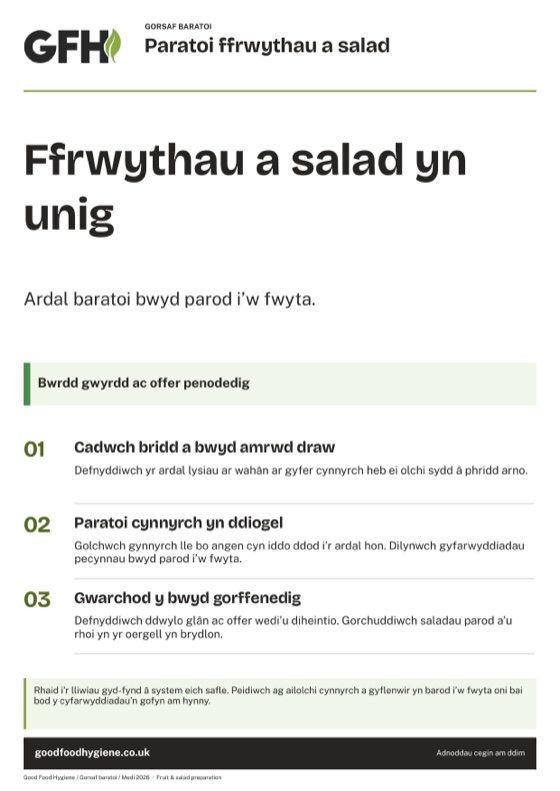 Yr arwydd gorsaf paratoi ffrwythau a salad, parth gwyrdd, A4