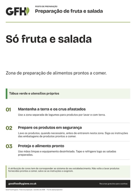 O sinal do posto de preparação de fruta e salada, zona verde, A4