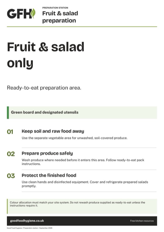 The fruit and salad preparation station sign, green zone, A4