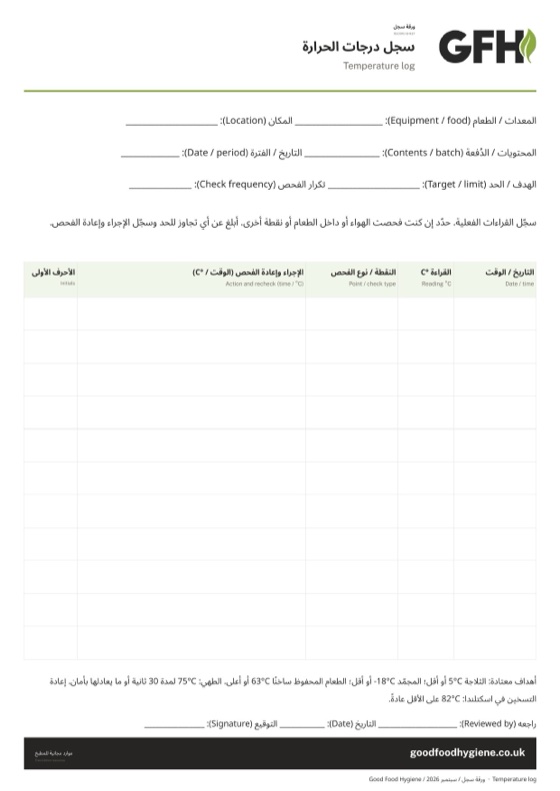 ورقة سجل درجات الحرارة، بمقاس A4