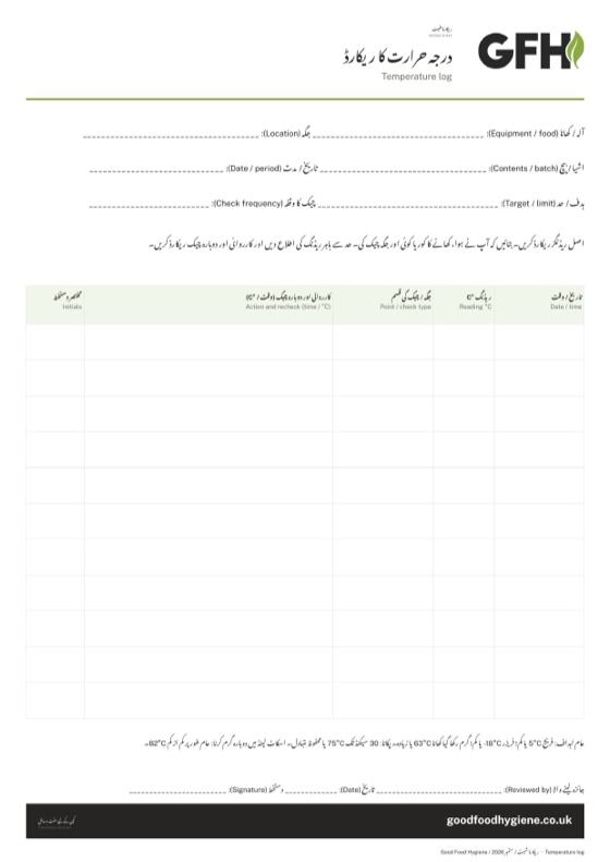 درجہ حرارت کے ریکارڈ کی شیٹ، A4