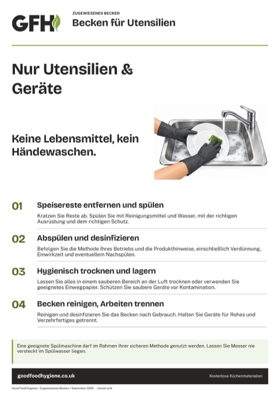 Das Schild Becken für Utensilien und Geräte, A4