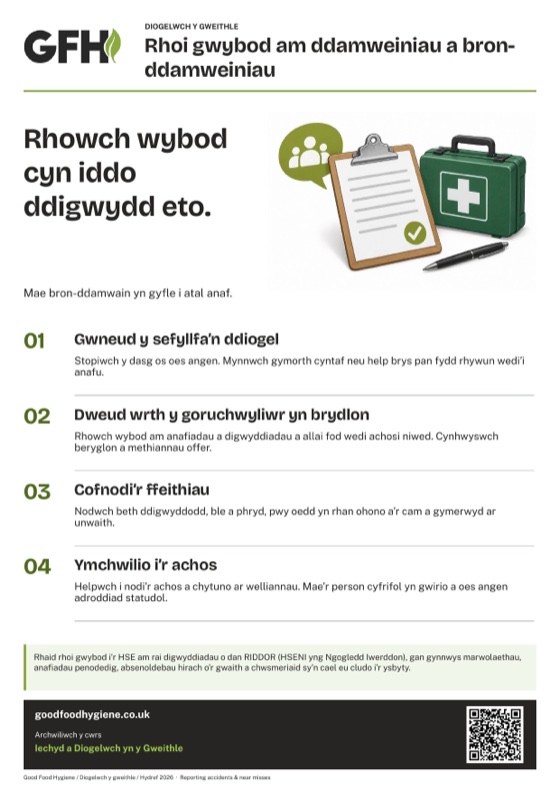 Y poster rhoi gwybod am ddamweiniau a bron-ddamweiniau, A4