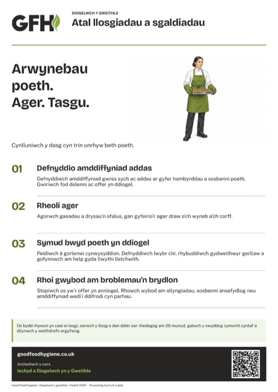 Y poster atal llosgiadau a sgaldiadau ar gyfer ceginau, A4