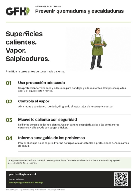 Cartel para prevenir quemaduras y escaldaduras en cocinas, A4