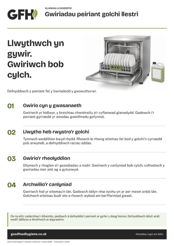 Gwiriadau peiriant golchi llestri