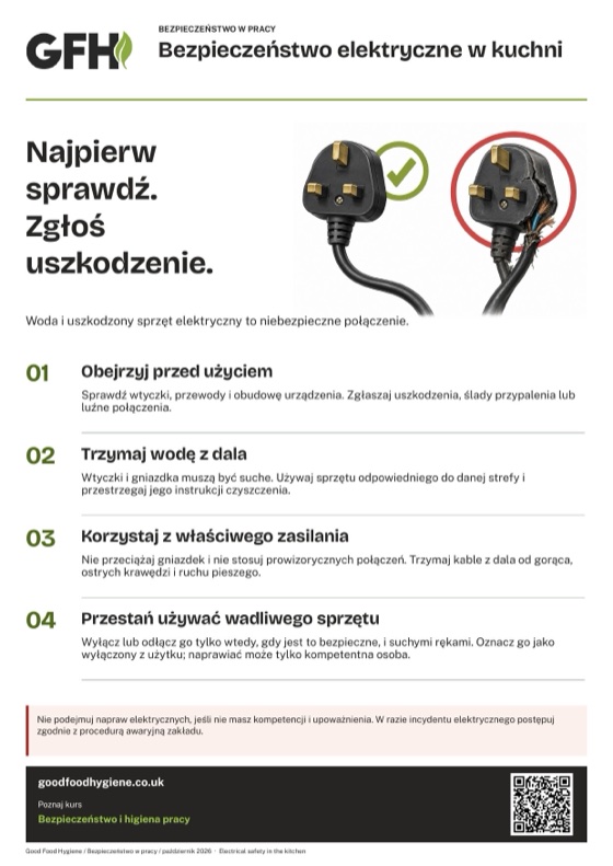Plakat o bezpieczeństwie elektrycznym w kuchni, A4
