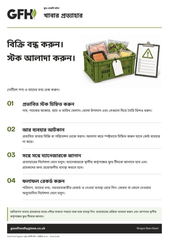 খাবার প্রত্যাহারের পোস্টার, প্রভাবিত স্টক সামলানোর চারটি ধাপসহ, A4