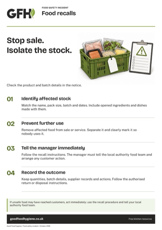The food recalls poster with four steps for dealing with affected stock, A4