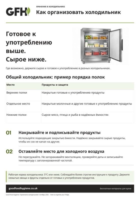 Плакат «Как организовать холодильник» с порядком полок общего холодильника: готовые к употреблению продукты над сырыми, A4
