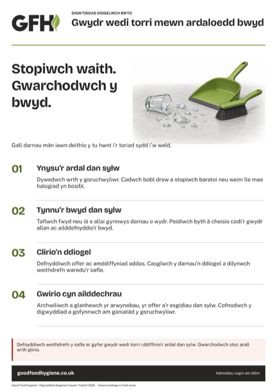 Gwydr wedi torri mewn ardaloedd bwyd