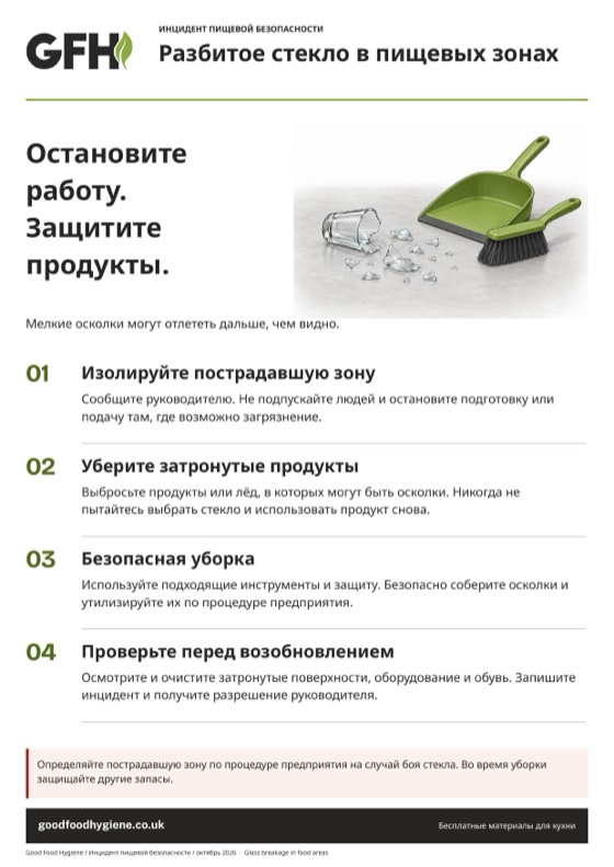 Плакат «Разбитое стекло в пищевых зонах» с четырьмя шагами, A4