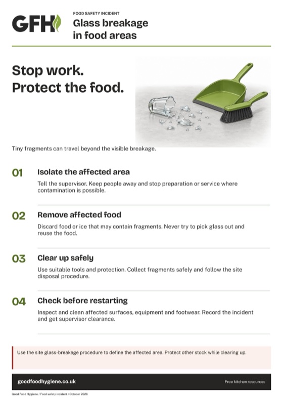 The glass breakage in food areas poster with four steps, A4