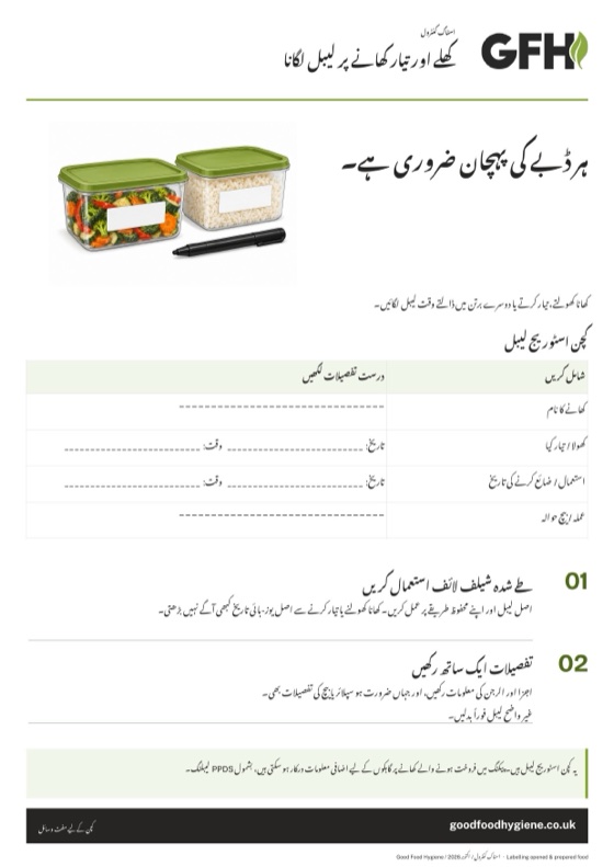 کھلے اور تیار کھانے پر لیبل لگانے کا پوسٹر، کچن اسٹوریج لیبل کی مثال کے ساتھ، A4