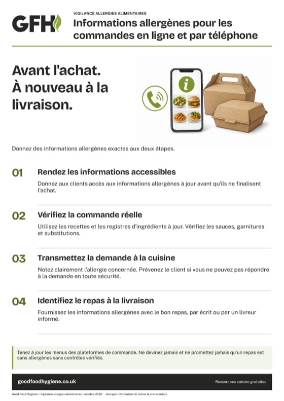 L'affiche des informations allergènes pour les commandes en ligne et par téléphone, A4