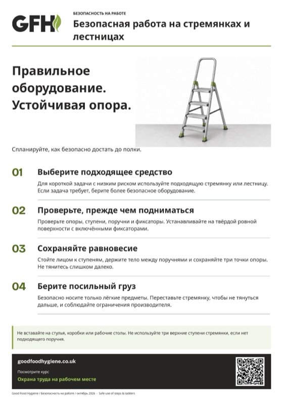Плакат «Безопасная работа на стремянках и лестницах», A4