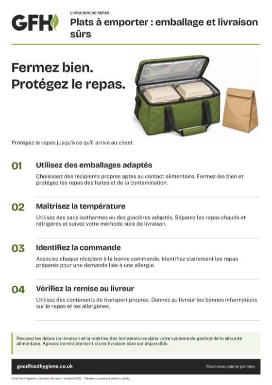 L'affiche de sécurité de l'emballage et de la livraison des plats à emporter, A4